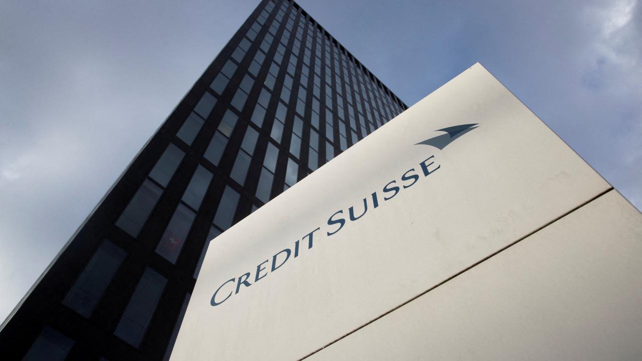 The logo of Swiss bank Credit Suisse is seen in front of an office building in Zurich, Switzerland.